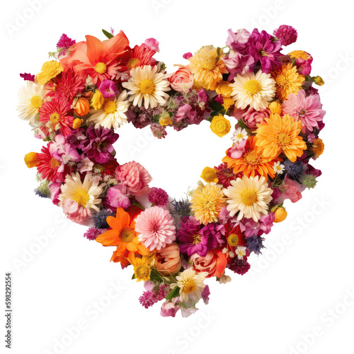A Heart Shape Made Of Flowers On Isolated Tansparent Background Png. Generative AI