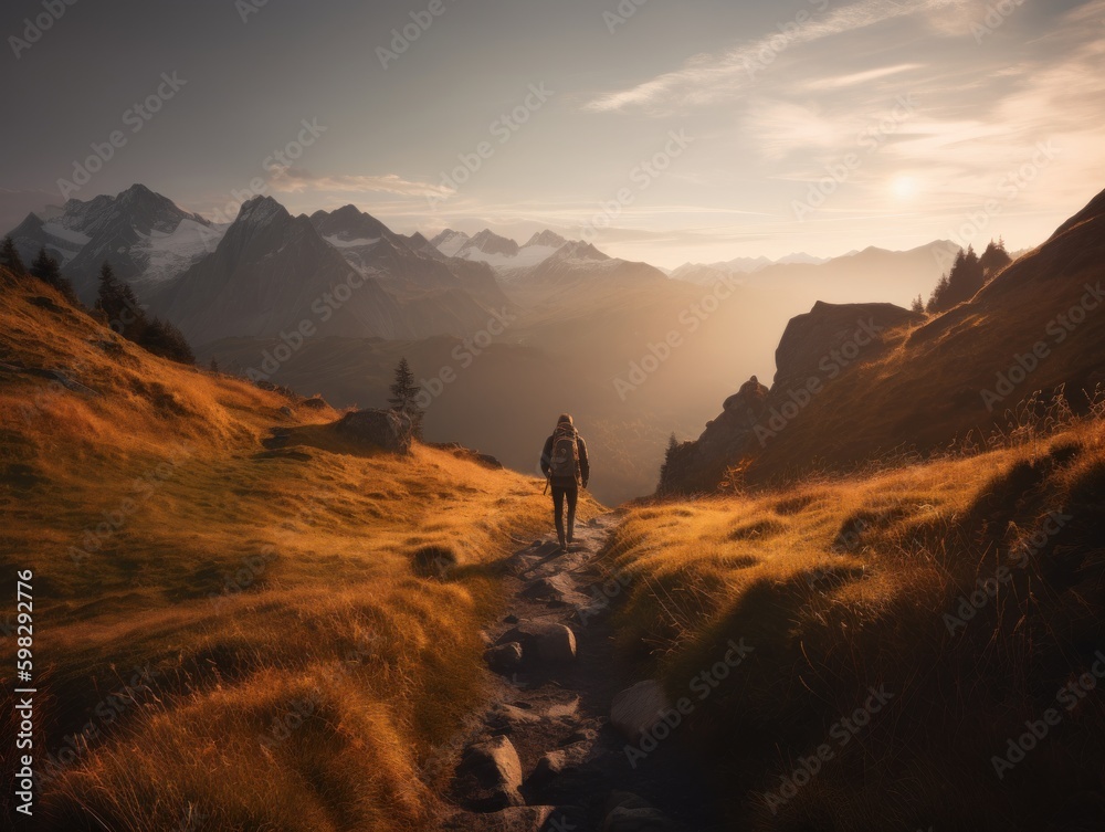 A Solo Traveler Hiking on a Trail in the Alps During the Golden Hour