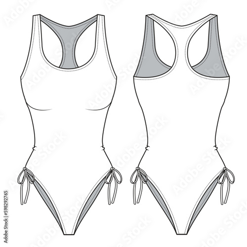 Swimsuit hem side drawstring front and back view illustration.