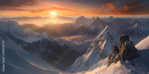 Mountain peak in the Himalayas, Nepal, Panorama photo at sunrise