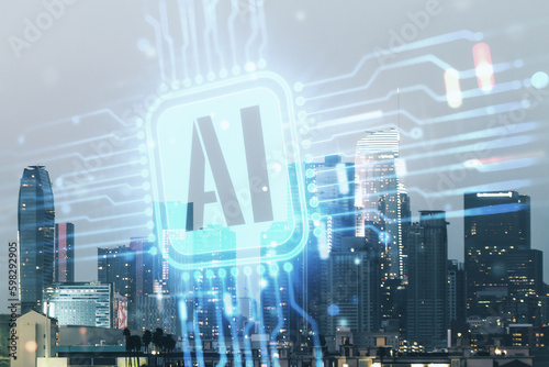 Double exposure of creative artificial Intelligence icon on Los Angeles city skyscrapers background. Neural networks and machine learning concept