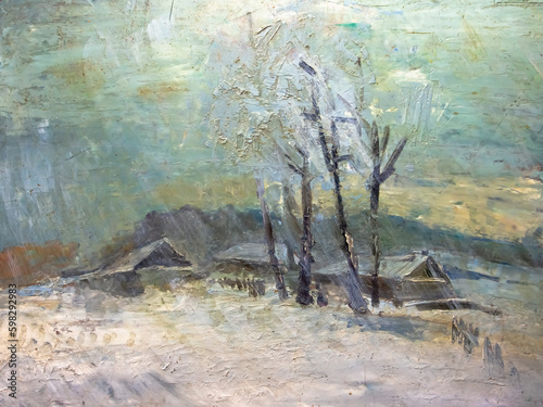Winter landscape with old living houses, Ukraine. Oil on canvas painting, illustration, artwork. © Sergio