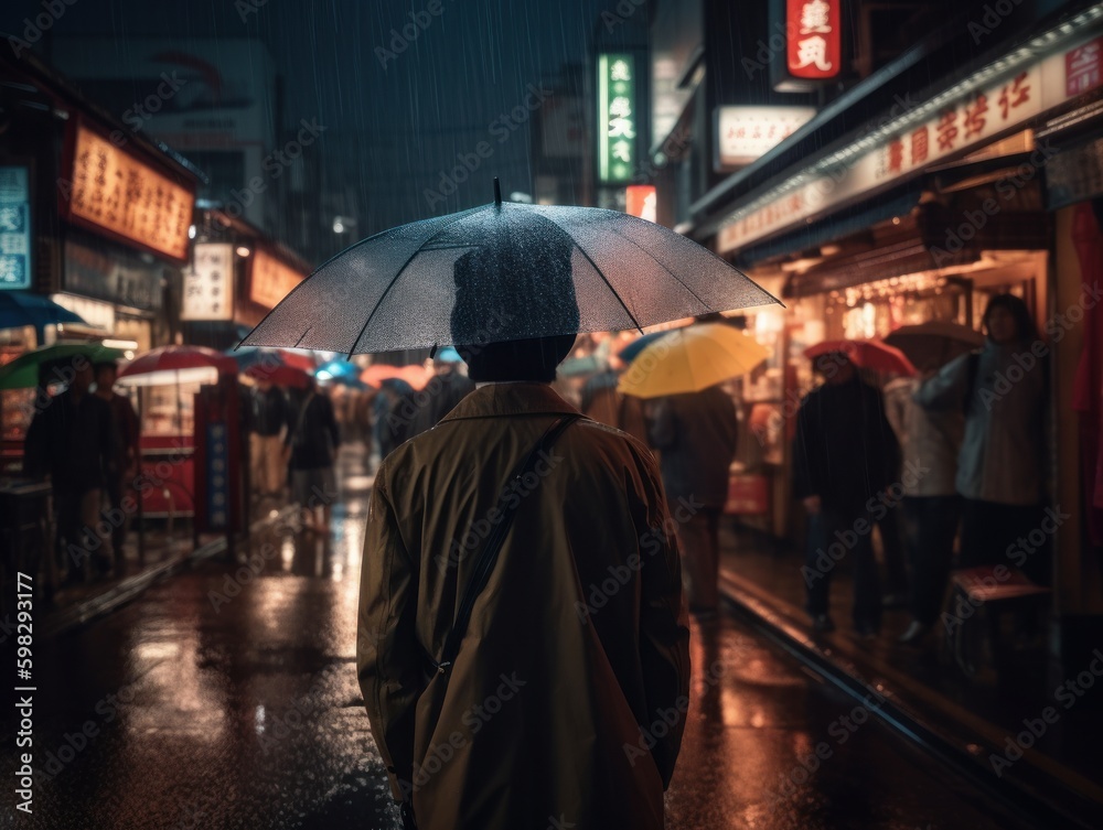 A Traveler Exploring the Vibrant and Bustling Streets of Tokyo During a Rainy Night