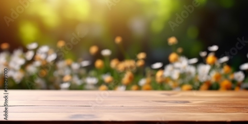 Wooden platform with flower and plants background in park or forest  for prod