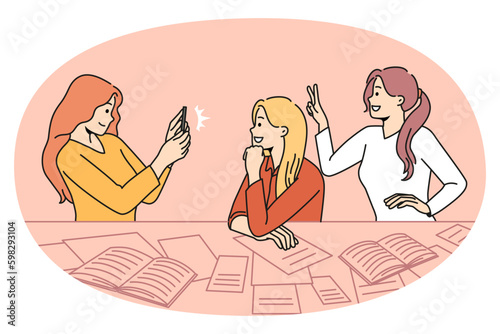 Smiling millennial girls students have fun making selfies during break at college. Happy girlfriends relax take self-portrait picture on smartphone. Technology and social media. Vector Generative AI