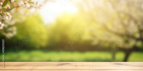 Wooden platform with flower and plants background in park or forest, for prod