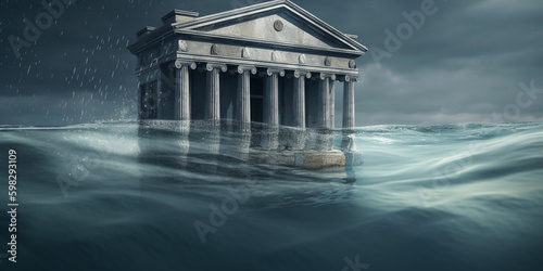 Bank half under water, concept of money printing, financial crisis, economic collapse and recession photo