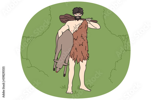 Caveman from stone age in traditional tribe clothing hold prey in hands. Primitive archaic man with cudgel. Tribal times. Flat vector illustration, cartoon character. Generative AI