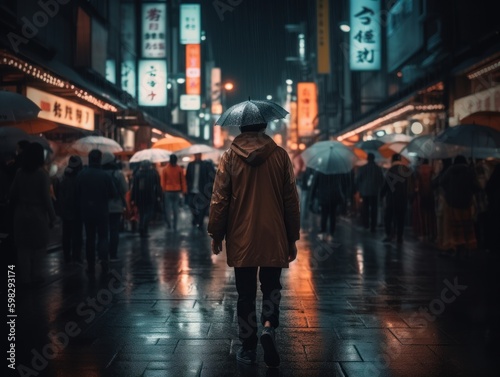 A Traveler Exploring the Vibrant and Bustling Streets of Tokyo During a Rainy Night