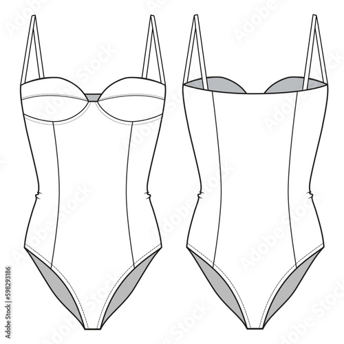 Beachwear swimsuit front bra cap, princess line, strap, technical flat drawing template.