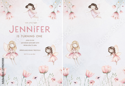 Foto Fairy and Flowers watercolor isolated kids illustration for girls
