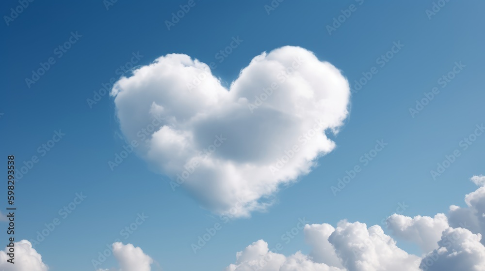 A heart-shaped cloud set against a brilliant blue sky symbolizes love and romance, perfect for celebrating Valentine's Day, wedding. Sign of heaven. Abstract love. Fluffy white clouds. Generative AI. A heart-shaped cloud set against a brilliant blue sky symbolizes love and romance, perfect for celebrating Valentine's Day, wedding. Sign of heaven. Abstract love. Fluffy white clouds. Generative AI.