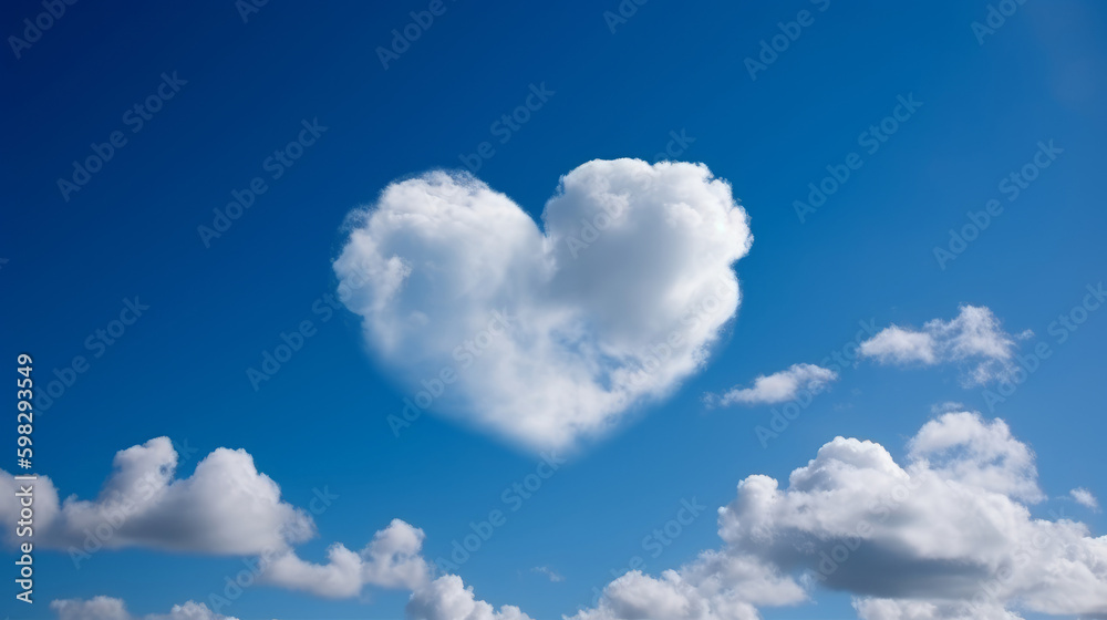 A heart-shaped cloud set against a brilliant blue sky symbolizes love and romance, perfect for celebrating Valentine's Day, wedding. Sign of heaven. Abstract love. Fluffy white clouds. Generative AI. A heart-shaped cloud set against a brilliant blue sky symbolizes love and romance, perfect for celebrating Valentine's Day, wedding. Sign of heaven. Abstract love. Fluffy white clouds. Generative AI.