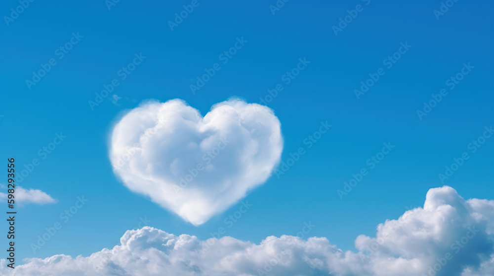 A heart-shaped cloud set against a brilliant blue sky symbolizes love and romance, perfect for celebrating Valentine's Day, wedding. Sign of heaven. Abstract love. Fluffy white clouds. Generative AI. A heart-shaped cloud set against a brilliant blue sky symbolizes love and romance, perfect for celebrating Valentine's Day, wedding. Sign of heaven. Abstract love. Fluffy white clouds. Generative AI.