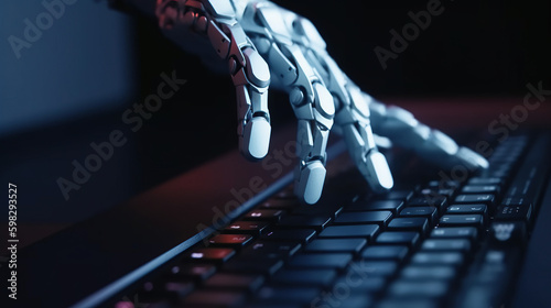 Robot hand and laptop keyboard with bright light and selective focus. Generative AI
