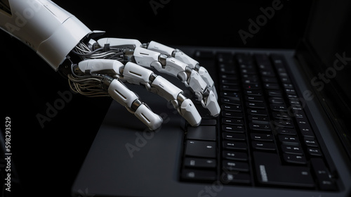 Fantasy illustration of metallic hand working on computer keyboard. Generative AI