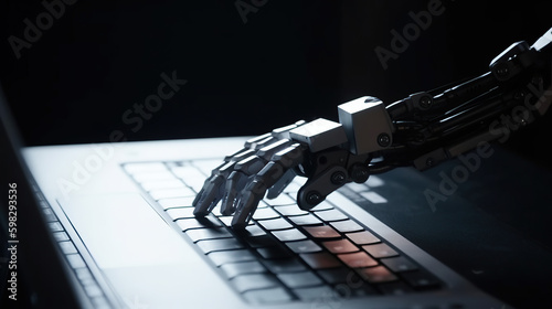 Cybernetic hand emerging from laptop screen and typing. Generative AI