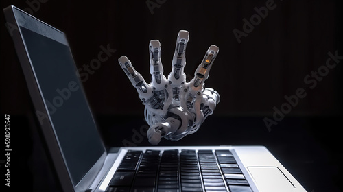 Futuristic robot hand working on laptop with bright light. Generative AI