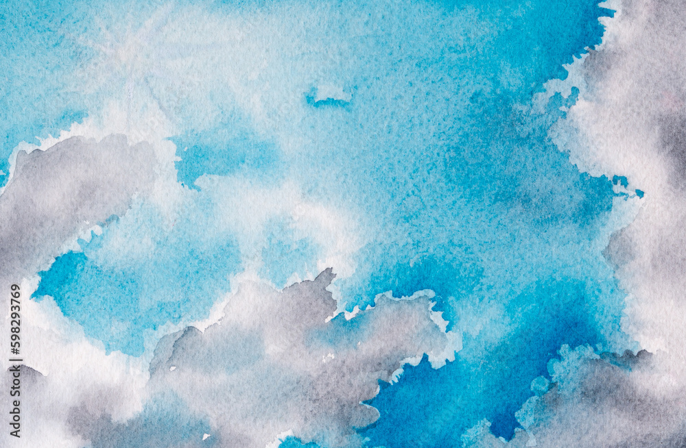 Abstract hand drawn watercolor with the blue summer sky with white fluffy clouds