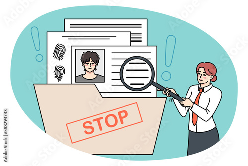 Businesswoman with magnifier explore job candidate cv for open vacancy. Female recruiter or employer look for applicants. Employment and hiring concept. Vector illustration. Generative AI