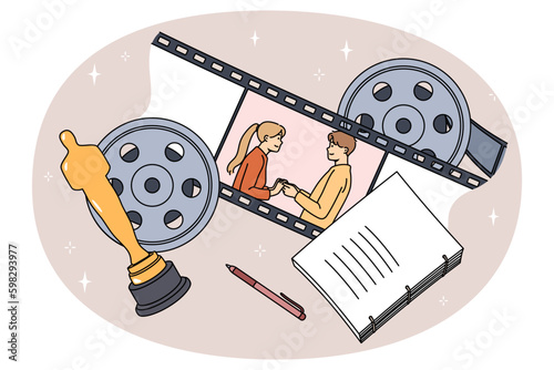 Movie characters man and woman in romantic screenplay. Love story in cinema. Film script, strip and Oscar award for best cinematography. Entertainment concept. Vector illustration. Generative AI