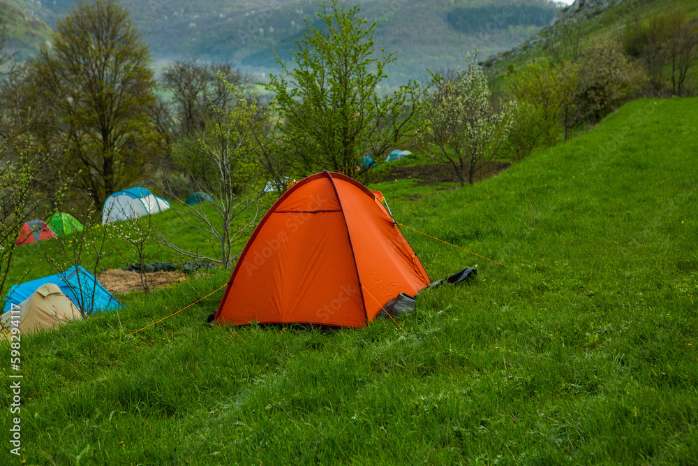 Camping tents on a green meadow in the mountains in spring. Rest with the tent in nature