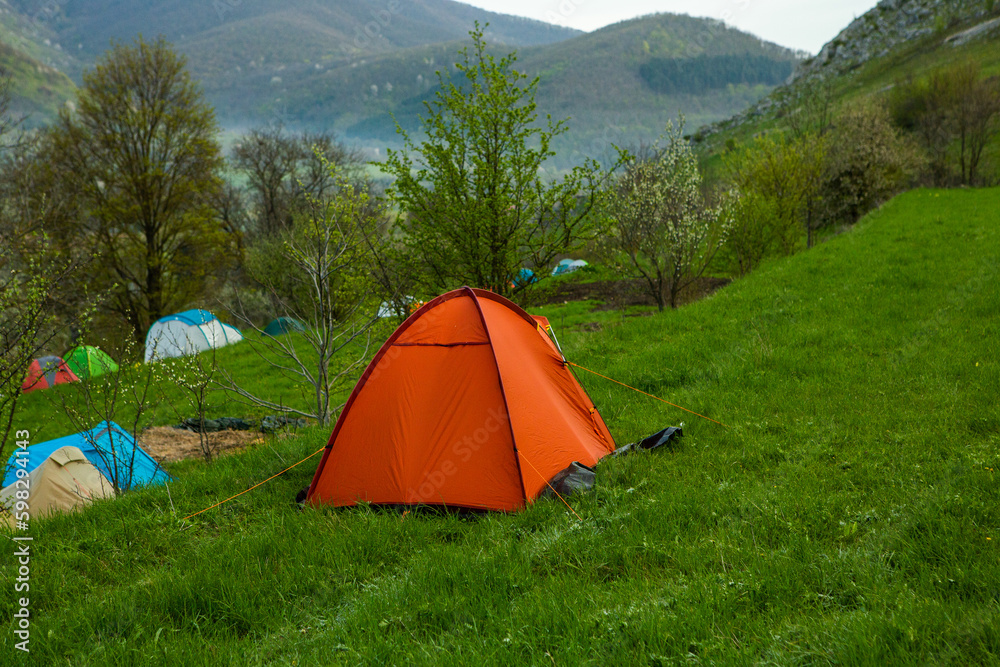 Camping tents on a green meadow in the mountains in spring. Rest with the tent in nature