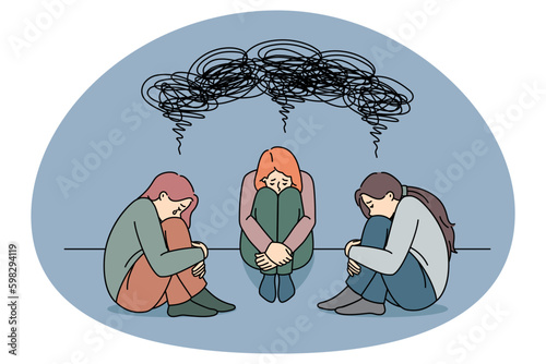 Unhappy women feel stressed sad suffer from mental or psychological problems. Upset desperate girls struggle with depression need psychotherapy or counseling. Vector illustration. Generative AI