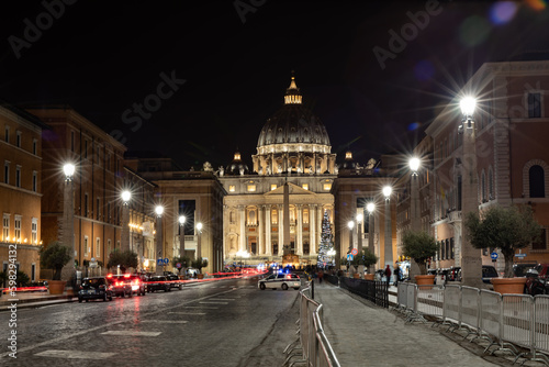 Rome, Night view of St Peter Square from Conciliazione Way at Christmas with tree and nativity