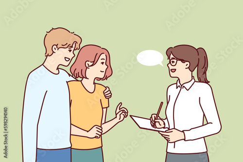 Couple takes social survey answering interviewer questions and evaluating quality of services provided. Woman conducts social research by interviewing passers-by and writing data in Generative AI