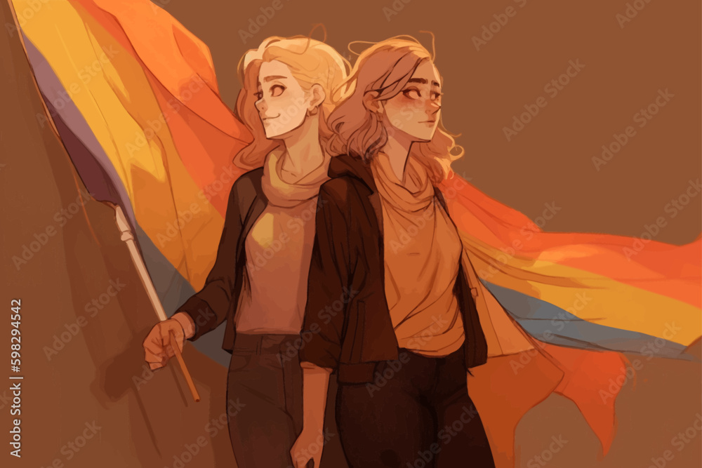 Happy lesbian couple with LGBT rainbow flag. LGBT pride month ...