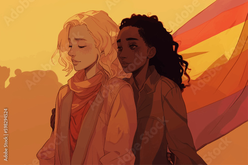 Happy lesbian couple with LGBT rainbow flag. LGBT pride month celebration vector 