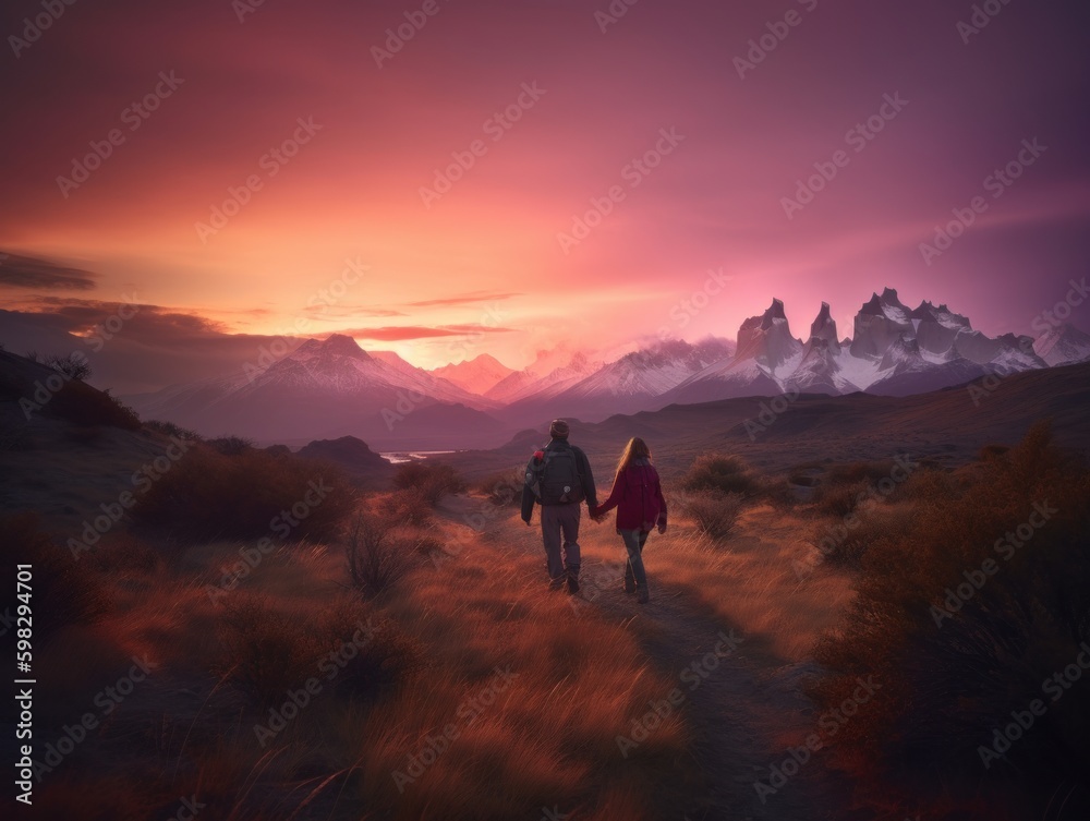 A Young Couple Backpacking in the Mountains of Patagonia During Sunrise with Vibrant Hues of Pink
