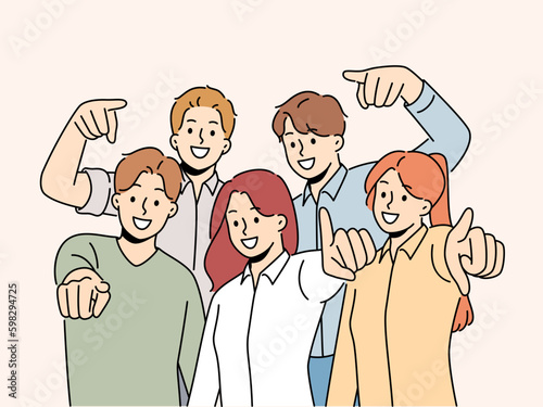 Group of smiling employees point at screen choose work candidate. Team of happy businesspeople choose you for employment or recruitment. Vector illustration.  Generative AI