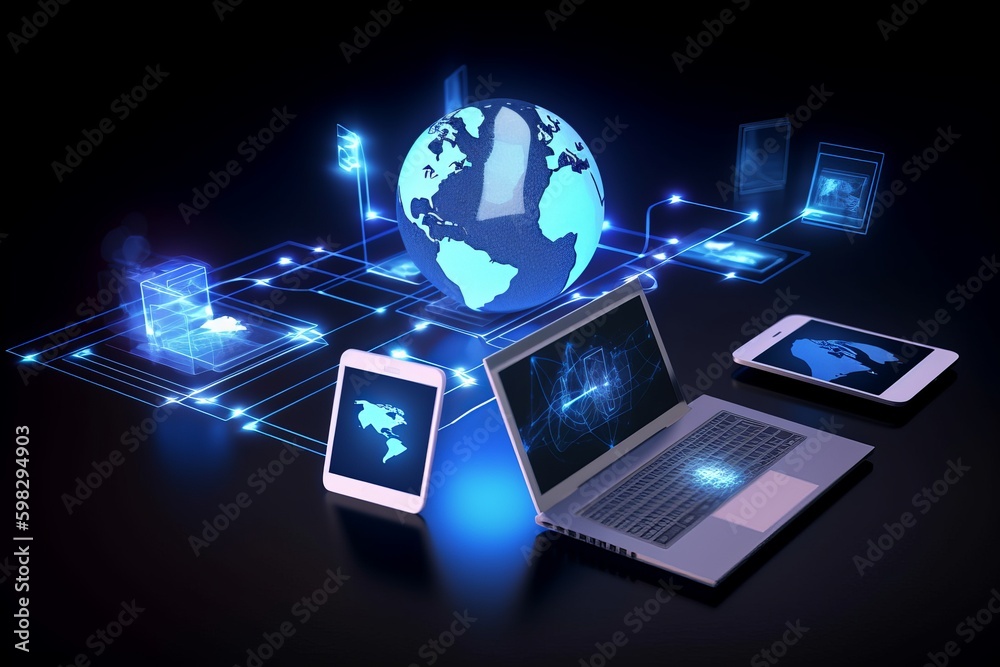 Fototapeta premium tech devices and icons connected to digital planet earth, communication concept, business network, business concept, laptop and globe, global communication concept, Generative AI
