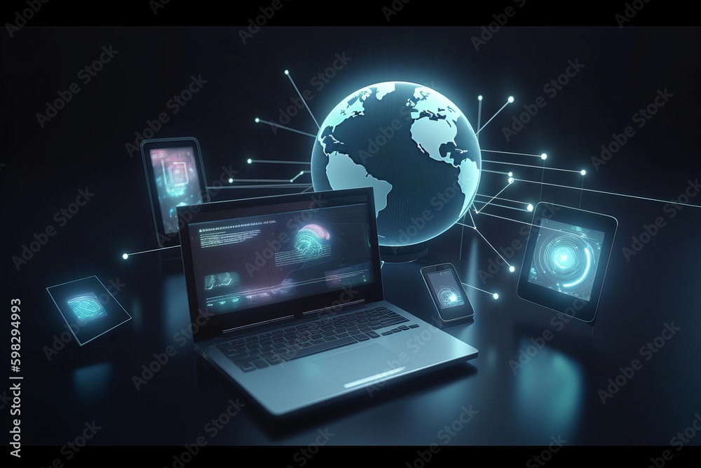 tech devices and icons connected to digital planet earth, communication concept, business network, business concept, laptop and globe, global communication concept, Generative AI tech devices and icons connected to digital planet earth, communication concept, business network, business concept, laptop and globe, global communication concept, Generative AI