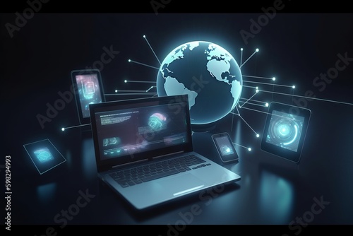 tech devices and icons connected to digital planet earth, communication concept, business network, business concept, laptop and globe, global communication concept, Generative AI