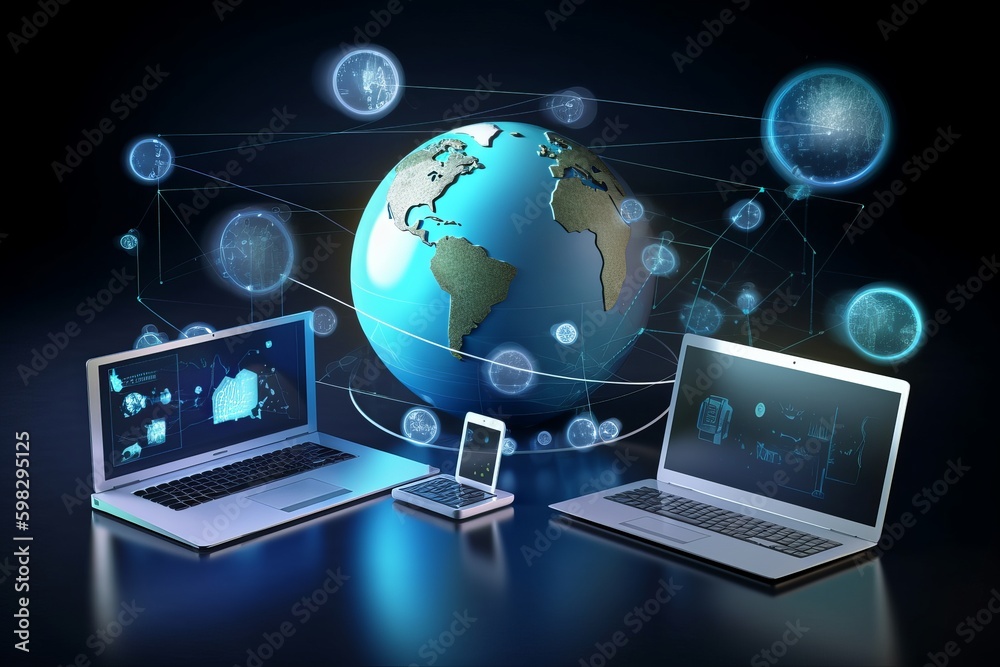 tech devices and icons connected to digital planet earth, communication concept, business network, business concept, laptop and globe, Generative AI tech devices and icons connected to digital planet earth, communication concept, business network, business concept, laptop and globe, Generative AI