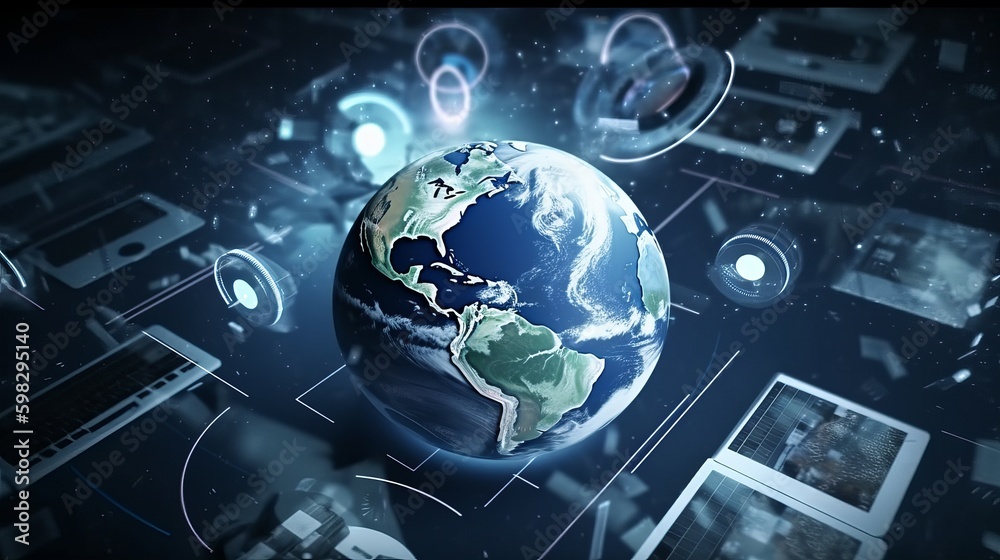 tech devices and icons connected to digital planet earth, communication concept, business network, business concept, Generative AI