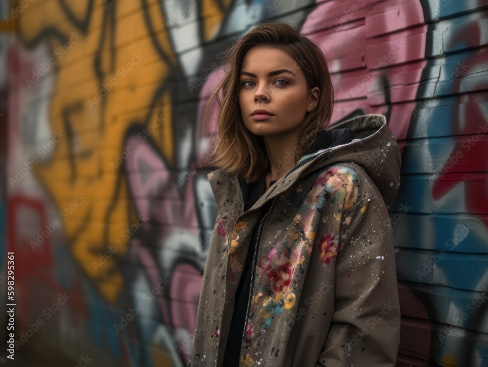 A Young Female Fashion Model Posing Dramatically Against a Graffiti-covered Wall in a Trendy Urban Neighborhood During a Cool Overcast Afternoon created with Generative AI technology A Young Female Fashion Model Posing Dramatically Against a Graffiti-covered Wall in a Trendy Urban Neighborhood During a Cool Overcast Afternoon created with Generative AI technology