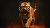 Fierce Tiger Jumping and Roaring with Chains and Flames in Red and Yellow Tones. Generative ai