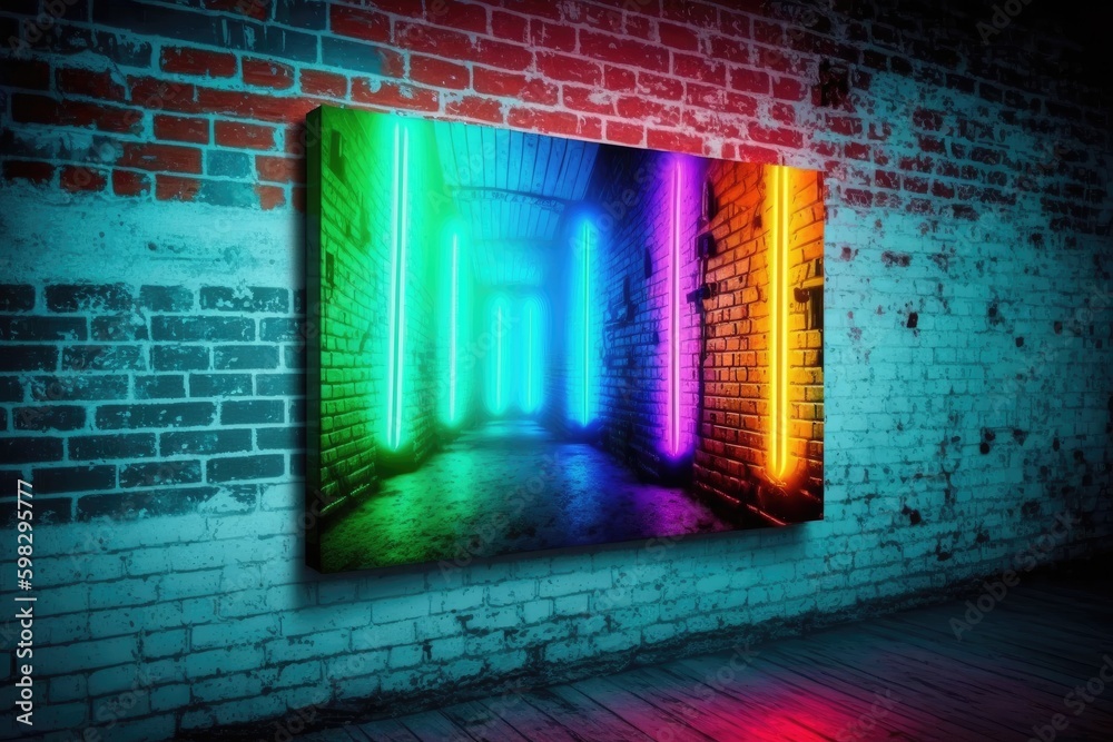 Futuristic glowing neon tunnel on brick wall