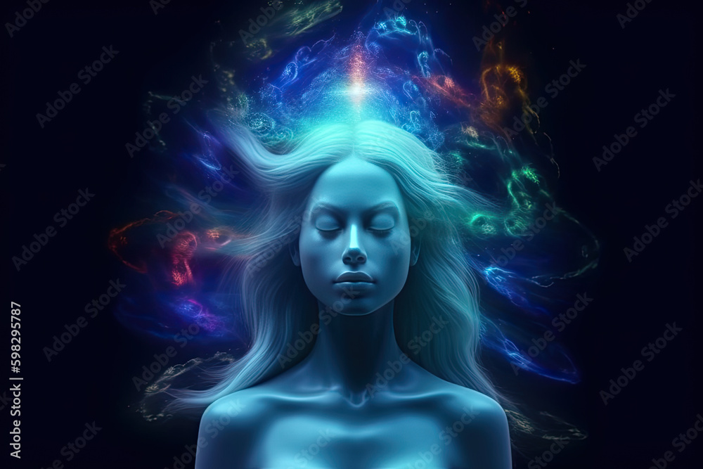 Portrait of young beautiful woman practicing yoga meditation with spiritual brain waves, flowing hair, chakra, psychedelic, created with Generative AI