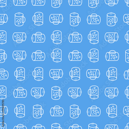 Seamless pattern with white line cups on blue background for design artwork, gift wrapping paper. Pastel colors tone.