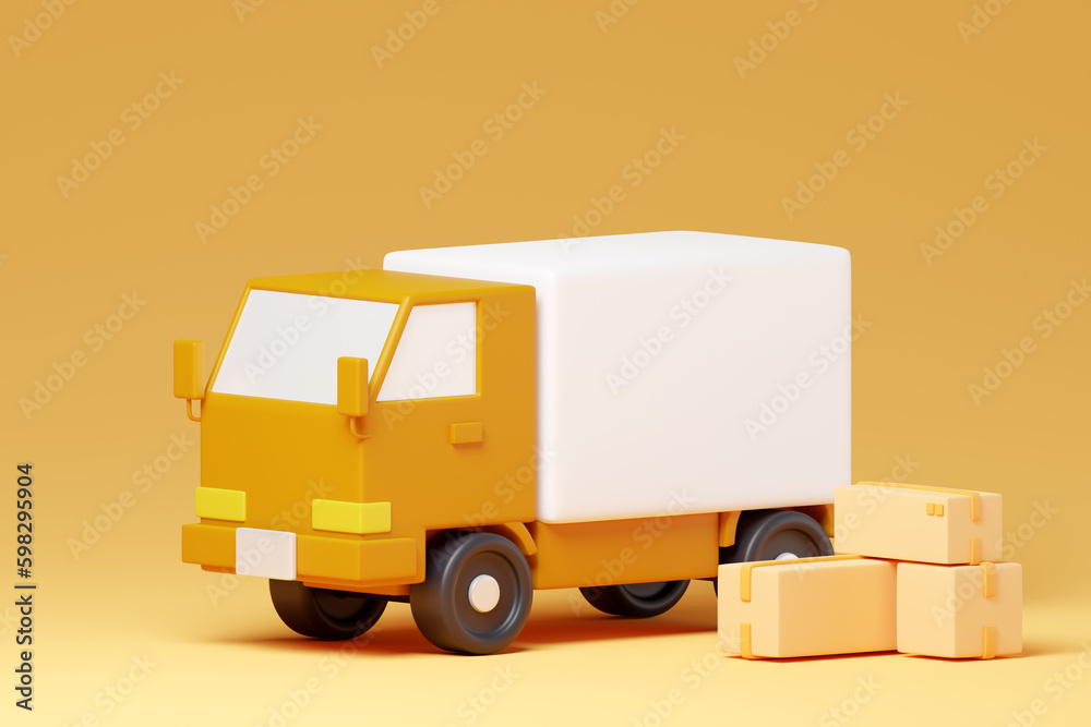 Home delivery yellow truck and package yellow background 3d render Home delivery yellow truck and package yellow background 3d render