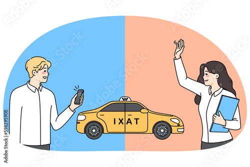 Diverse people order taxi in various ways. Man call cab on cellphone app, woman catch car on street. Private transportation concept. City traffic. Flat vector illustration. Generative AI