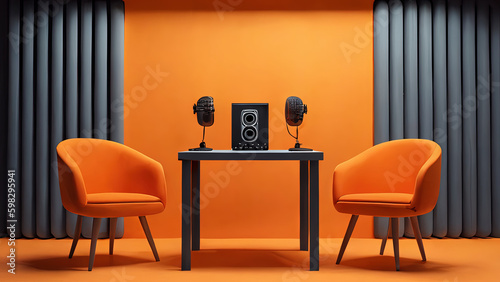 Interior of a recording studio, commentary booth or radio station studio
