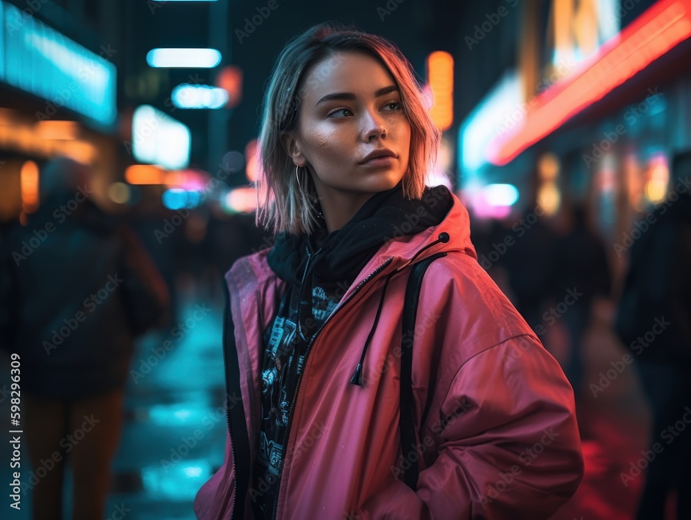 An Influencer Female Model Strolling Down a Busy City Street During Night Time created with Generative AI technology