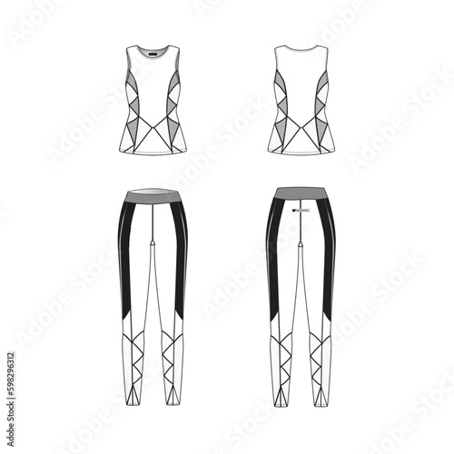 Womens sport set technical CAD mockup, fashion illustration tank top and long pants template, front and back view