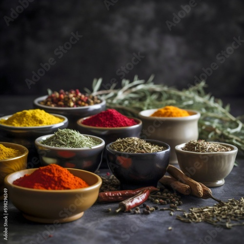 Various Spices and Herbs in Rustic Bowls on Dark Moody Background. Generative ai